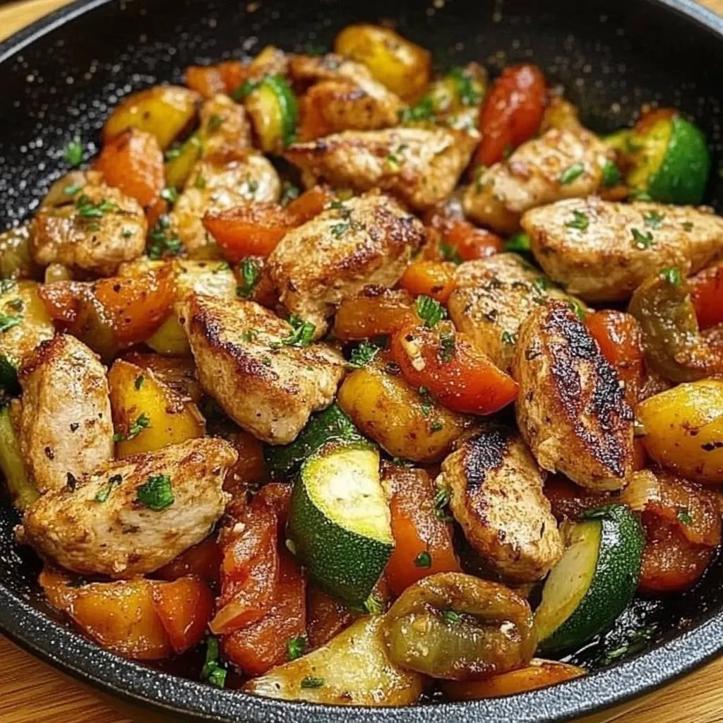 Hähnchen-Pfannengericht mit wenig Kohlenhydraten und Gemüse